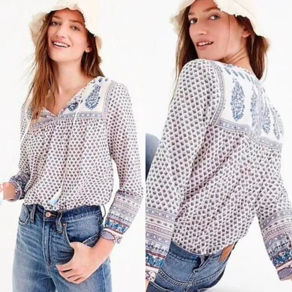 ☀️ J CREW Point Sur Printed Boho Floral Tassel Top Size XS Oversize